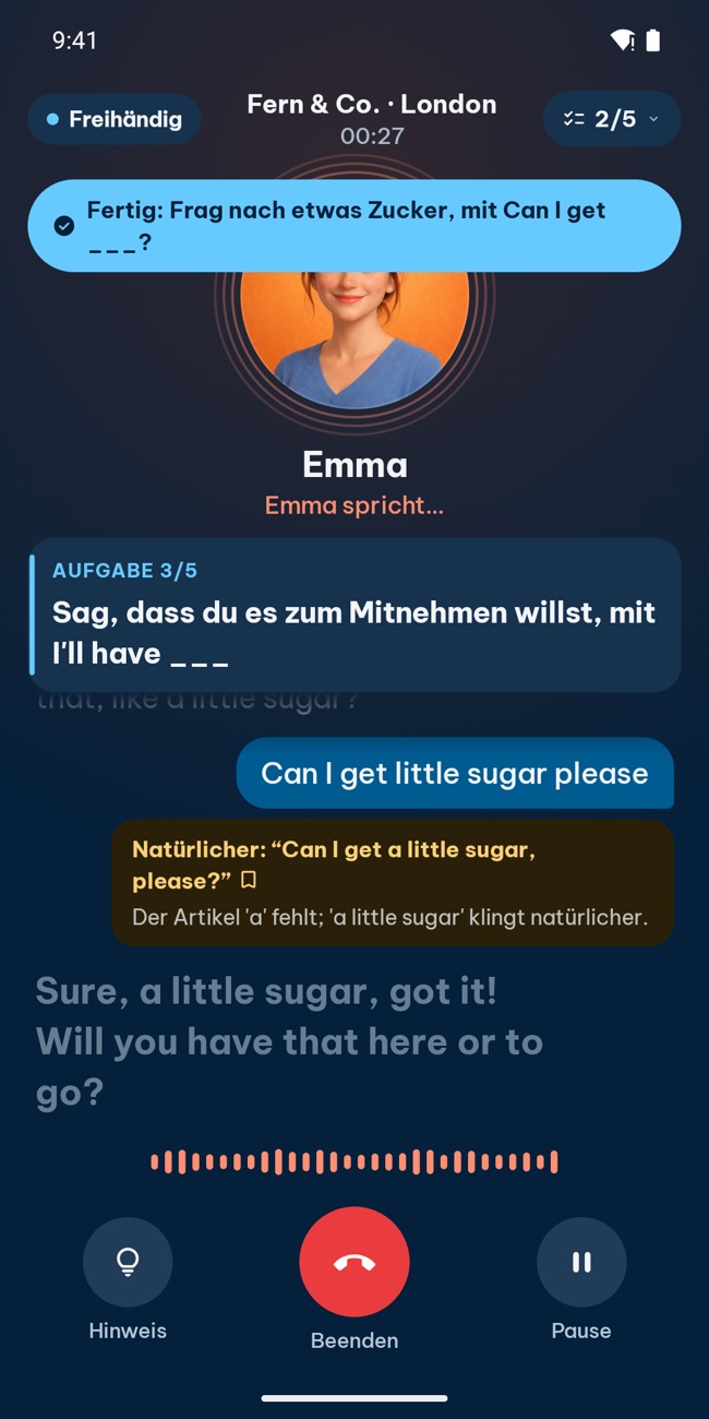 GrooTalk während eines Anrufs: Die KI-Figur spricht, auf dem Bildschirm sind die aktuelle Aufgabe und das Gespräch zu sehen
