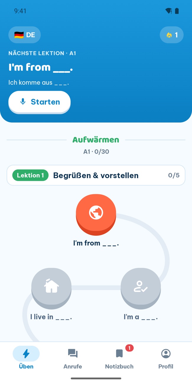 GrooTalk, Tab „Practice“: ein Pfad aus Satzmuster-Lektionen, beginnend bei A1