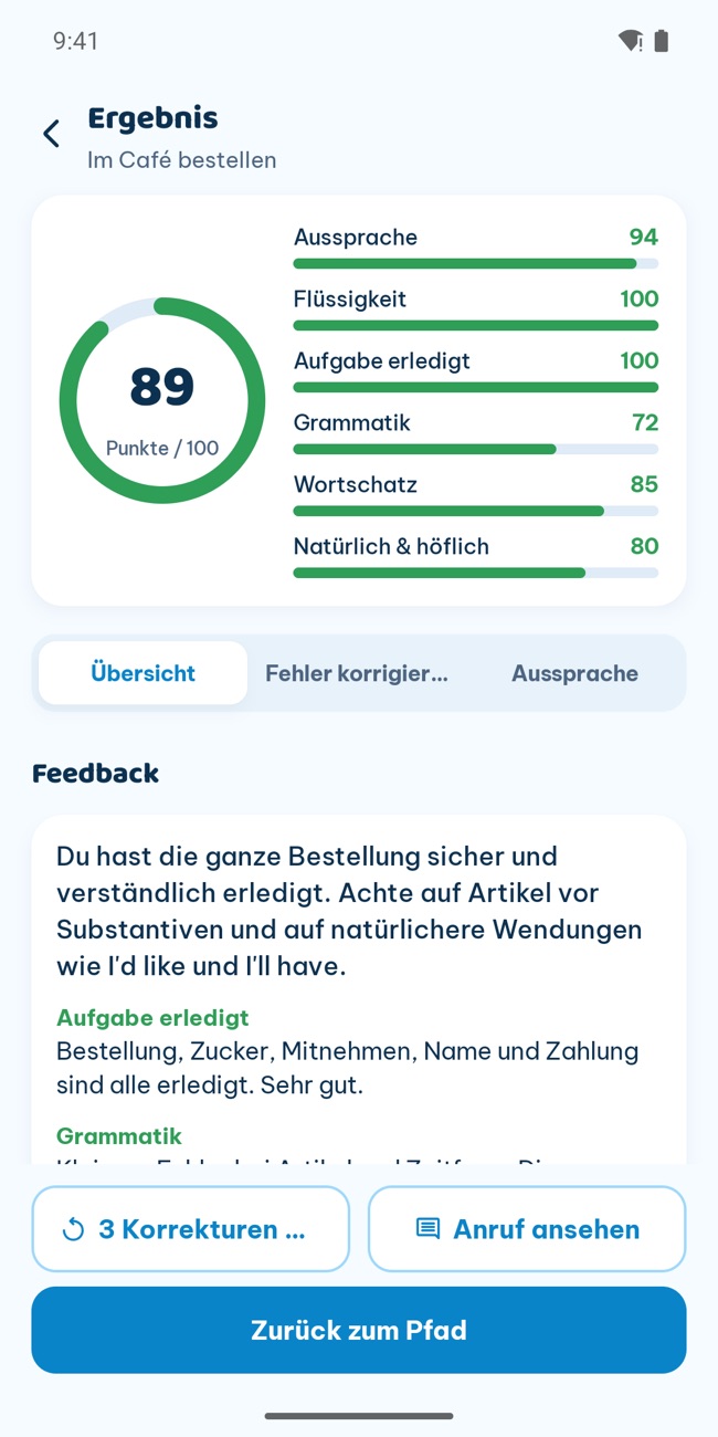 GrooTalk, Ergebnisbildschirm nach einem Anruf: eine Gesamtpunktzahl mit Balken für Aussprache, Flüssigkeit, Grammatik und Wortschatz