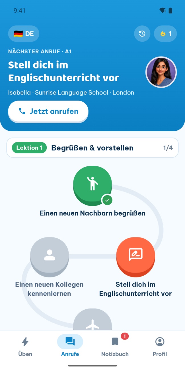 GrooTalk, Tab „Talk“: ein Pfad aus Rollenspiel-Anrufen nach Niveau, der nächste Anruf steht zum Start bereit