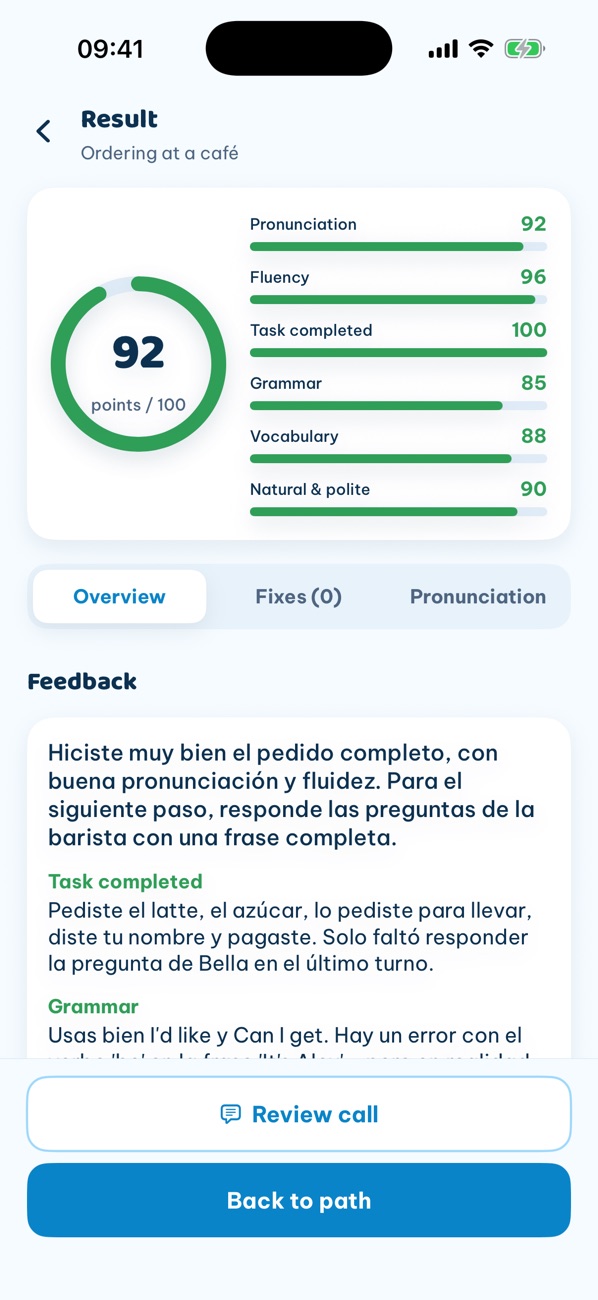GrooTalk result screen after a call: a total score with bars for pronunciation, fluency, grammar and vocabulary