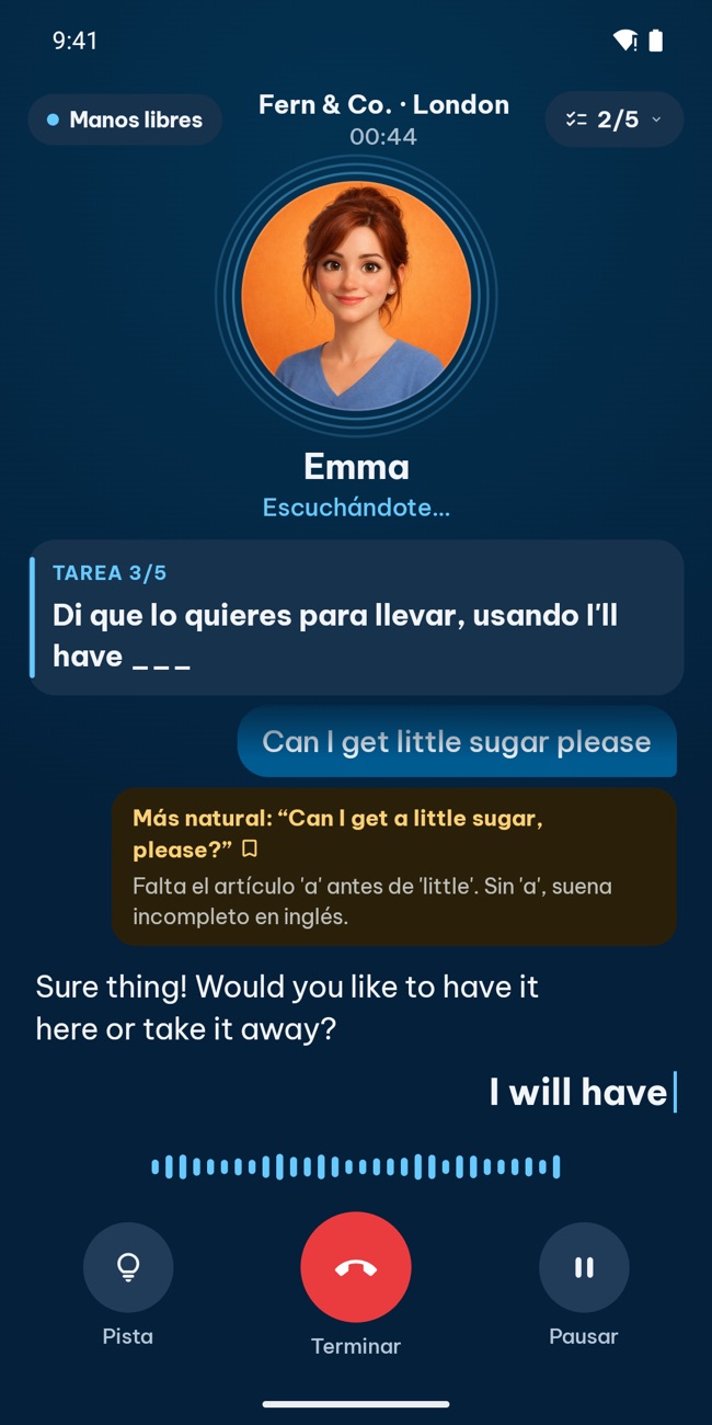 GrooTalk durante una llamada: el personaje de IA está hablando, con la tarea actual y la conversación en pantalla