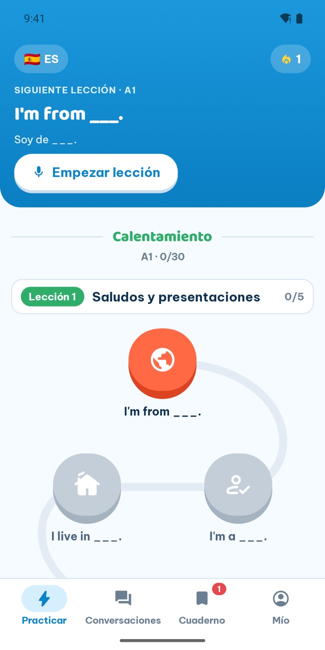 Pestaña Practice de GrooTalk: un camino de lecciones de estructuras de oraciones desde A1