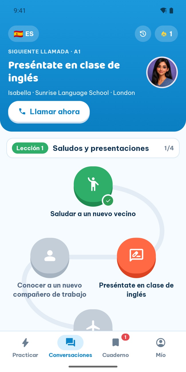 Pestaña Talk de GrooTalk: un camino de llamadas de juego de roles por nivel, con la siguiente llamada lista para empezar