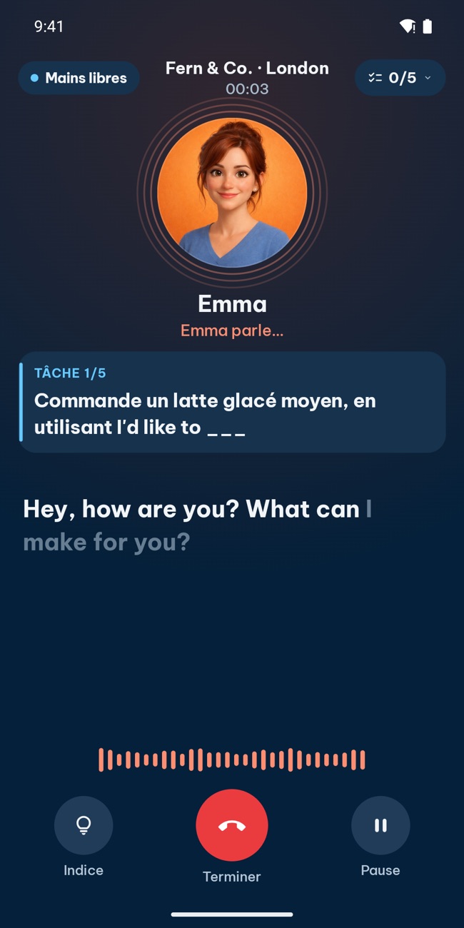 GrooTalk pendant un appel : le personnage IA parle, avec la tâche en cours et la conversation à l'écran