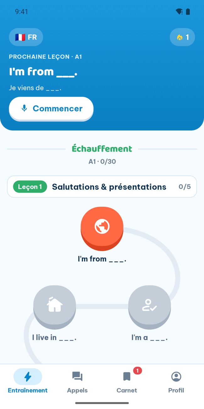 Onglet Entraînement de GrooTalk : un parcours de leçons de structures de phrases à partir du niveau A1