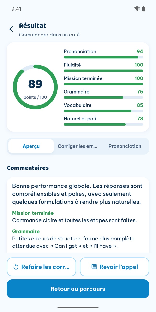 Écran de résultats GrooTalk après un appel : un score global avec des barres pour la prononciation, l'aisance, la grammaire et le vocabulaire