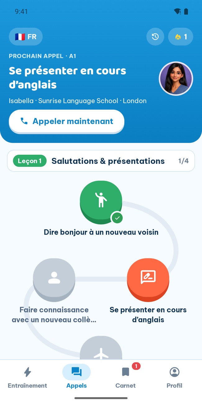 Onglet Parler de GrooTalk : un parcours d'appels en jeu de rôle par niveau, avec le prochain appel prêt à démarrer