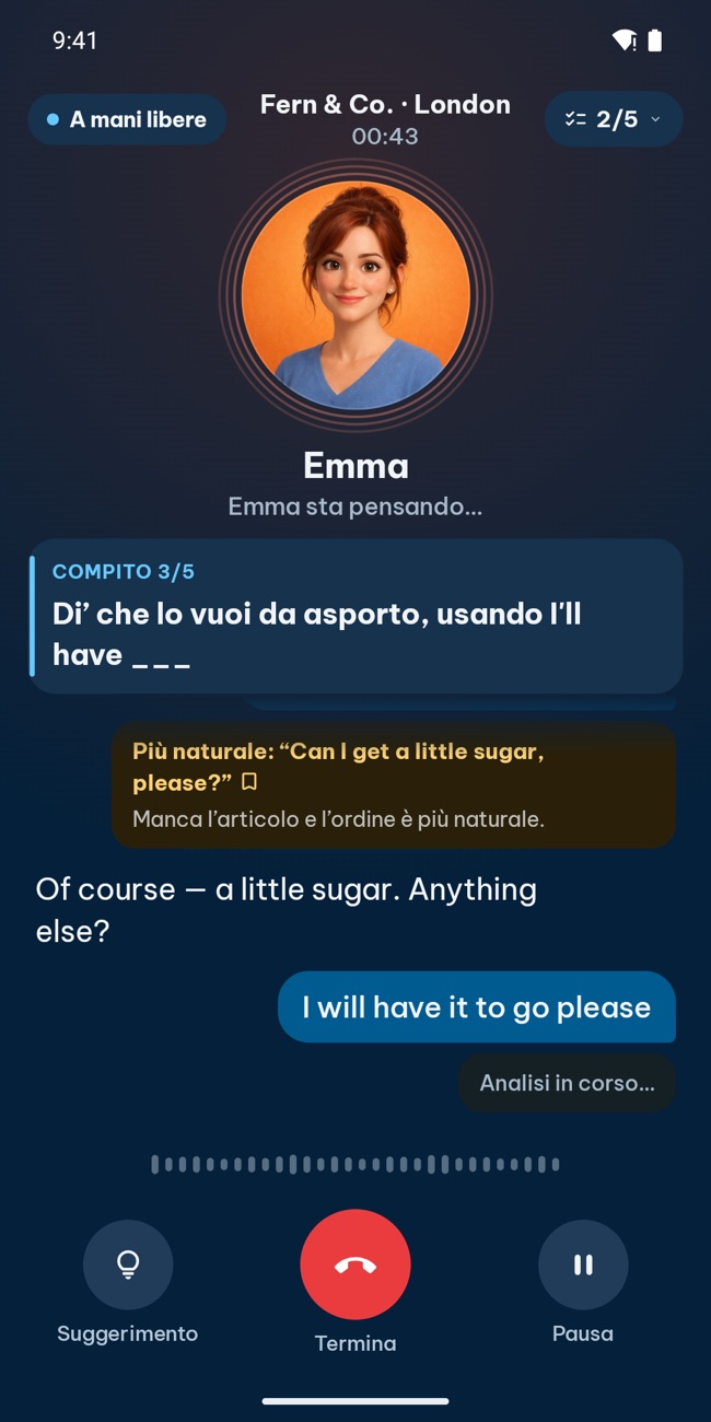 GrooTalk durante una chiamata: il personaggio IA sta parlando, con il compito attuale e la conversazione sullo schermo