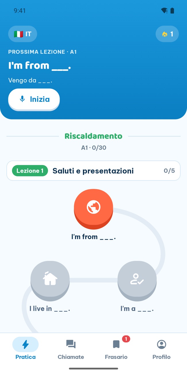 La scheda Practice di GrooTalk: un percorso di lezioni sugli schemi di frase che parte dal livello A1