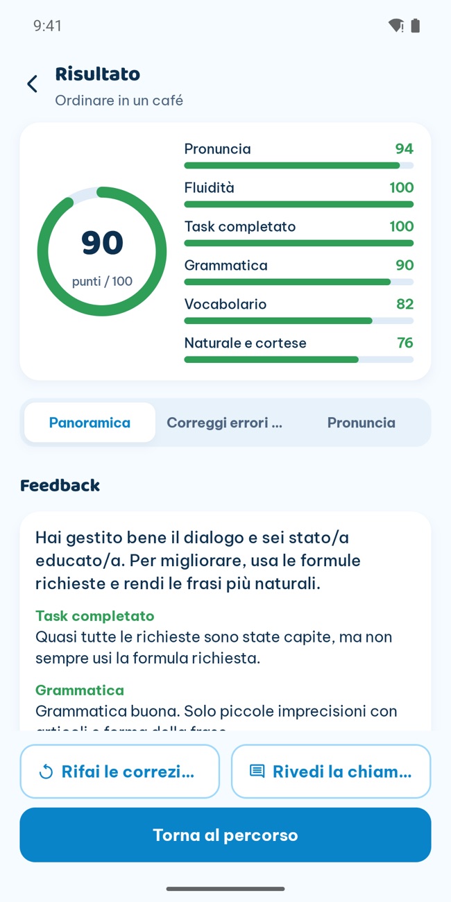 La schermata dei risultati di GrooTalk dopo una chiamata: un punteggio totale con barre per pronuncia, fluidità, grammatica e vocabolario