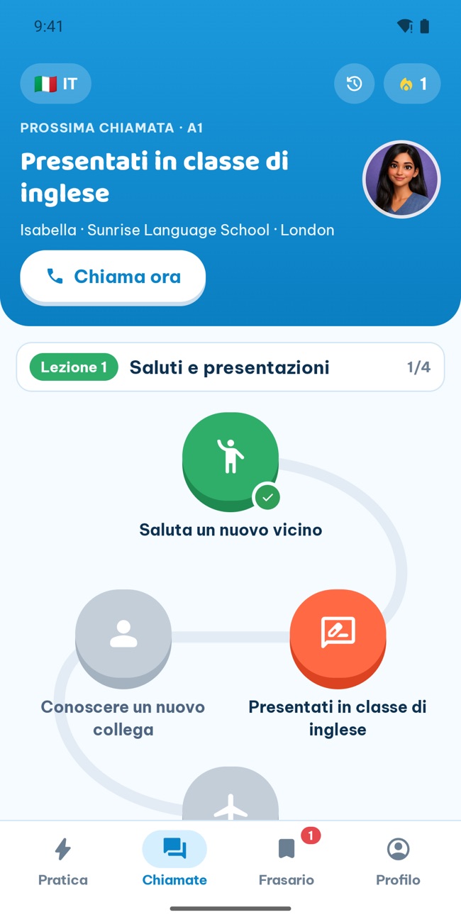 La scheda Talk di GrooTalk: un percorso di chiamate di role-play per livello, con la prossima chiamata pronta a partire