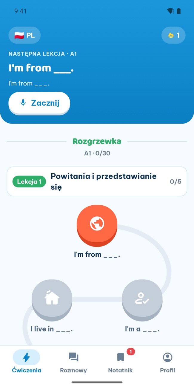 Zakładka Ćwiczenia w GrooTalk: ścieżka lekcji ze wzorami zdań, zaczynająca się od A1