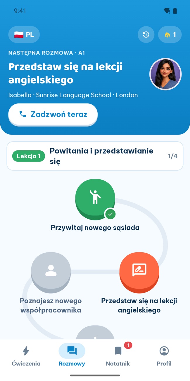 Zakładka Rozmowa w GrooTalk: ścieżka rozmów telefonicznych z odgrywaniem ról według poziomów, z następną rozmową gotową do startu