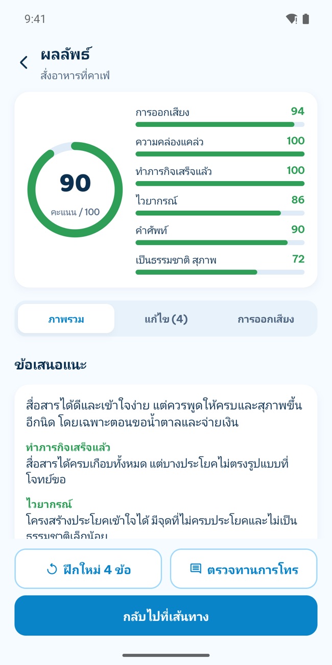 หน้าจอผลลัพธ์ของ GrooTalk หลังจบสาย: คะแนนรวมพร้อมแถบคะแนนการออกเสียง ความคล่อง ไวยากรณ์ และคำศัพท์