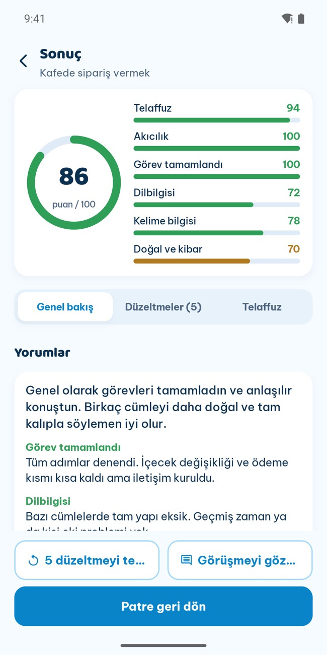 GrooTalk'ta aramadan sonraki sonuç ekranı: toplam puan ile telaffuz, akıcılık, dil bilgisi ve kelime bilgisi çubukları