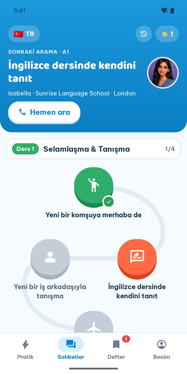 GrooTalk Konuş sekmesi: seviyelere göre sıralanmış rol yapma aramalarının yolu ve başlamaya hazır sıradaki arama